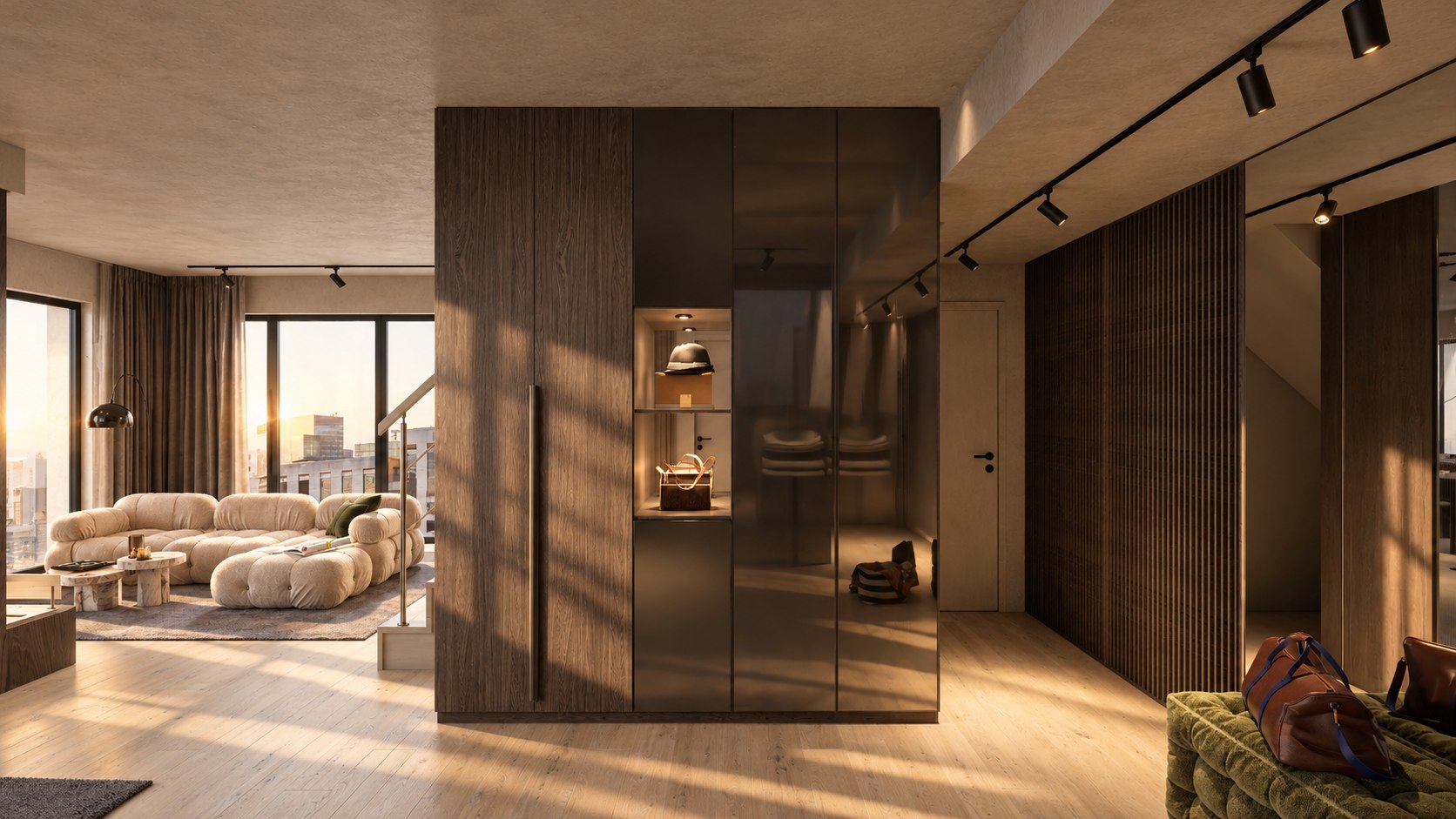 Garderobe aus Holz und Rauchglas