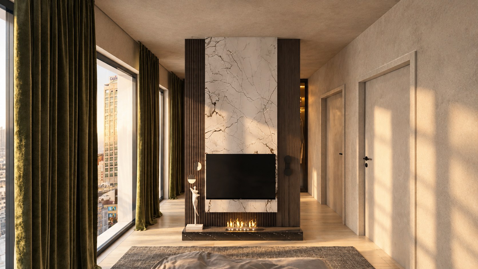 Kamin mit Marmor im Schlafzimmer