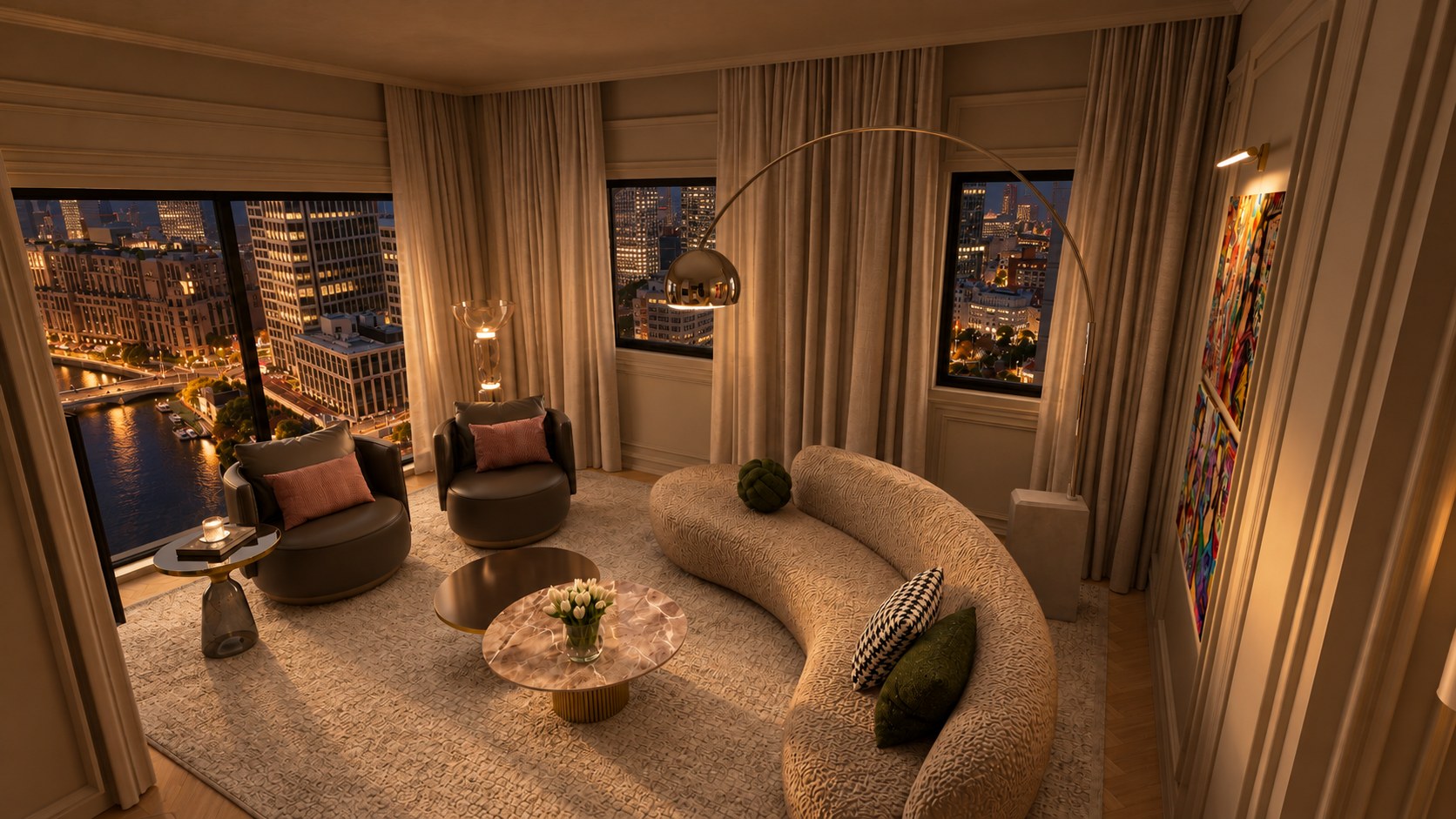 Wohnzimmer mit Skyline bei Nacht