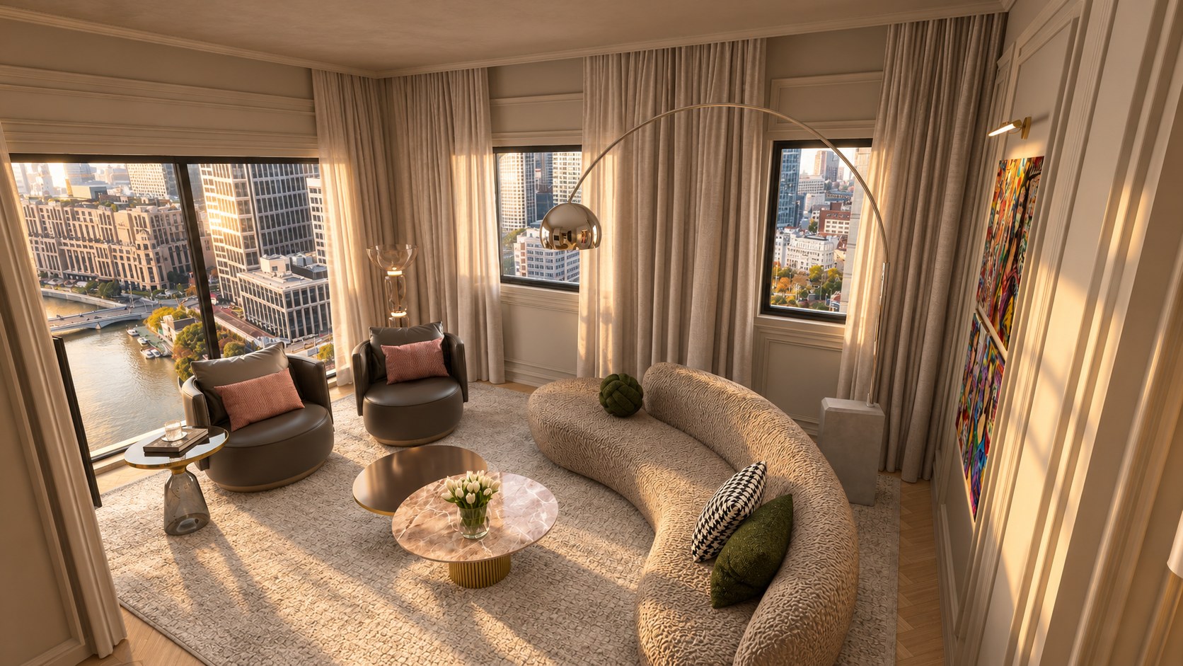 Wohnzimmer mit Skyline bei Tag